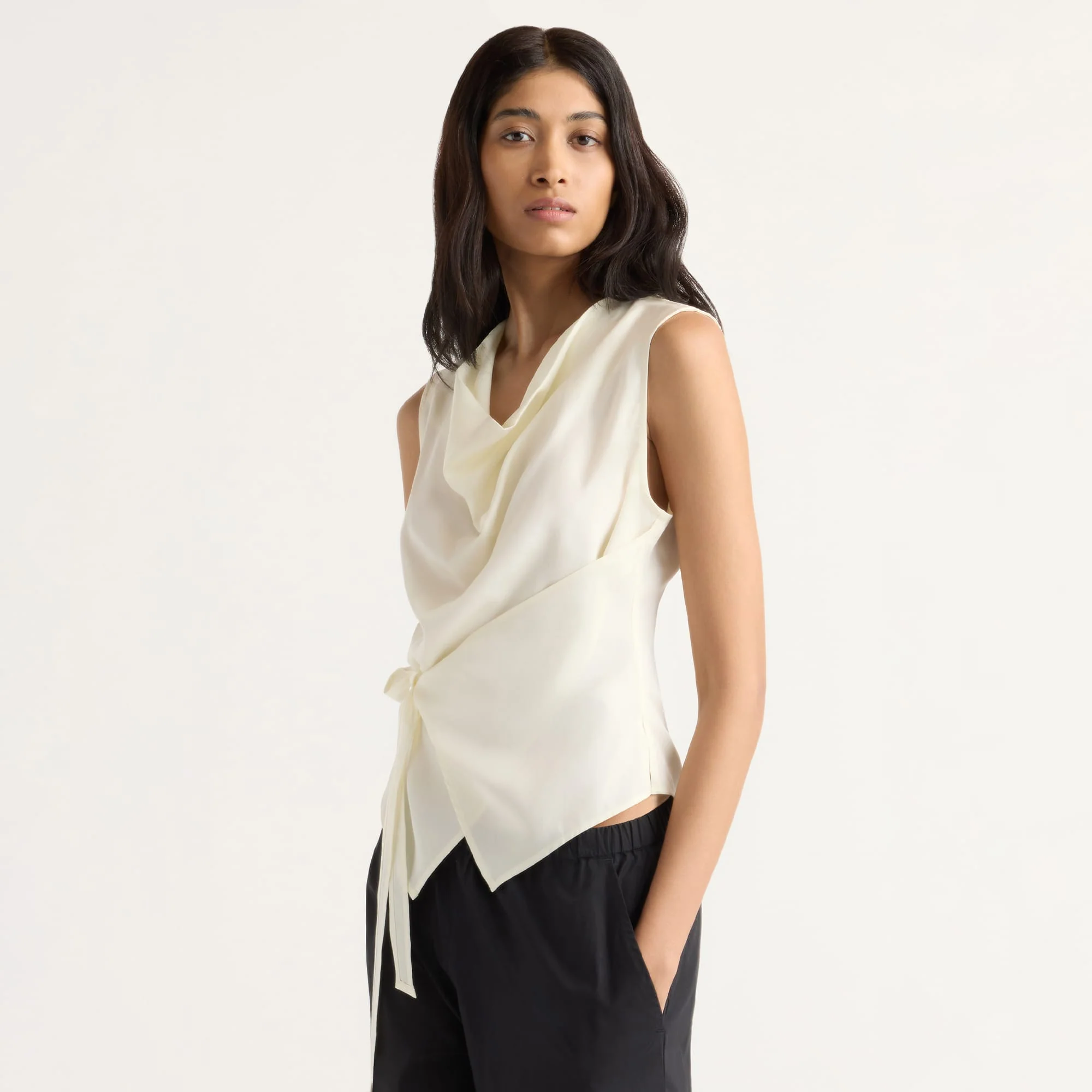 Dion Tencel Cowl-Neck Wrap Blouse