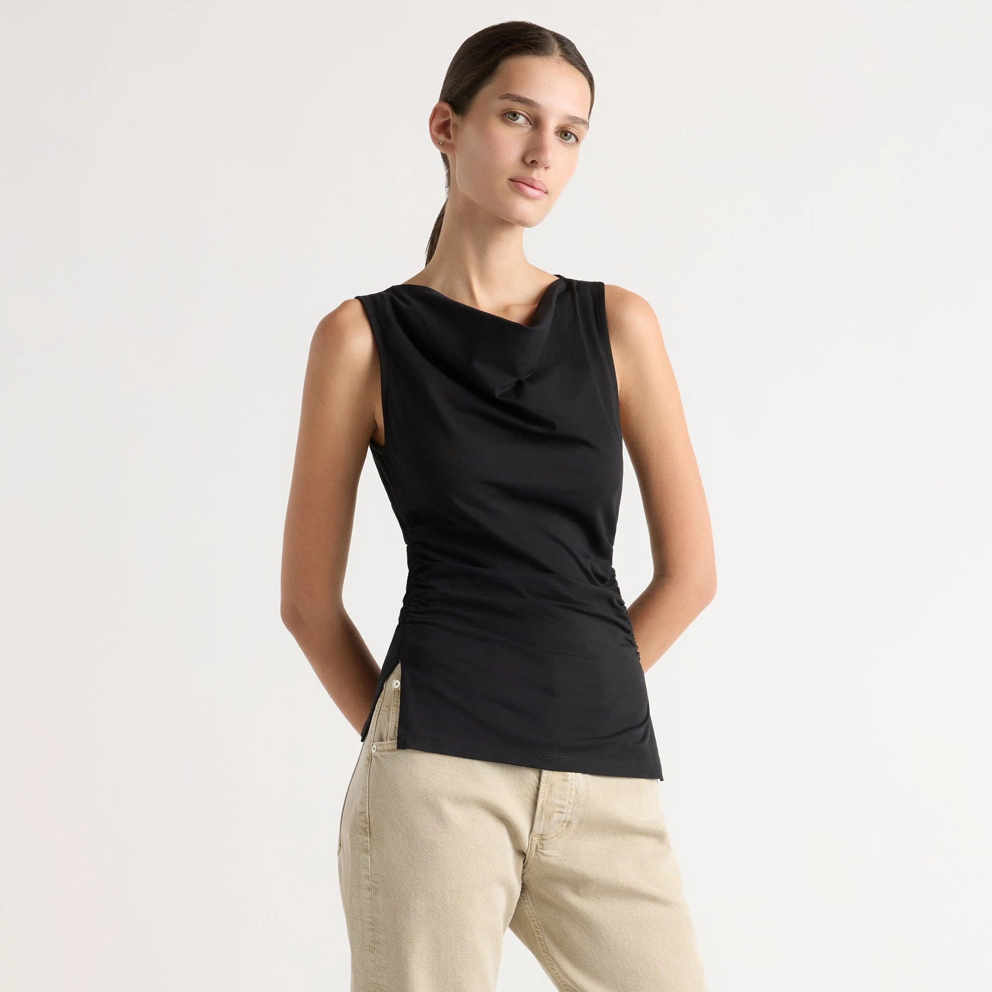 Josie Shirred-Side Cowl-Neck Tee
