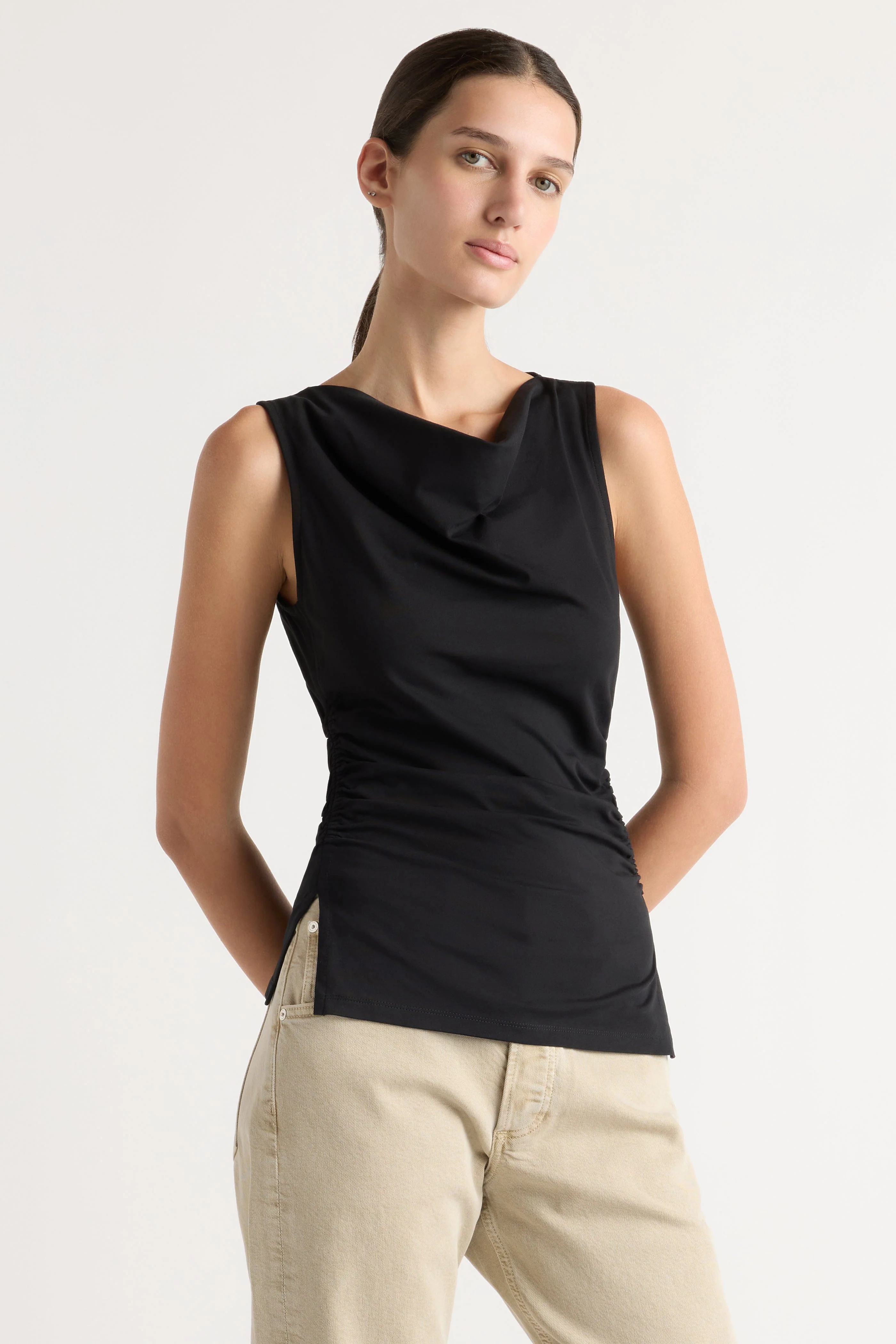 Josie Shirred-Side Cowl-Neck Tee - Image 2
