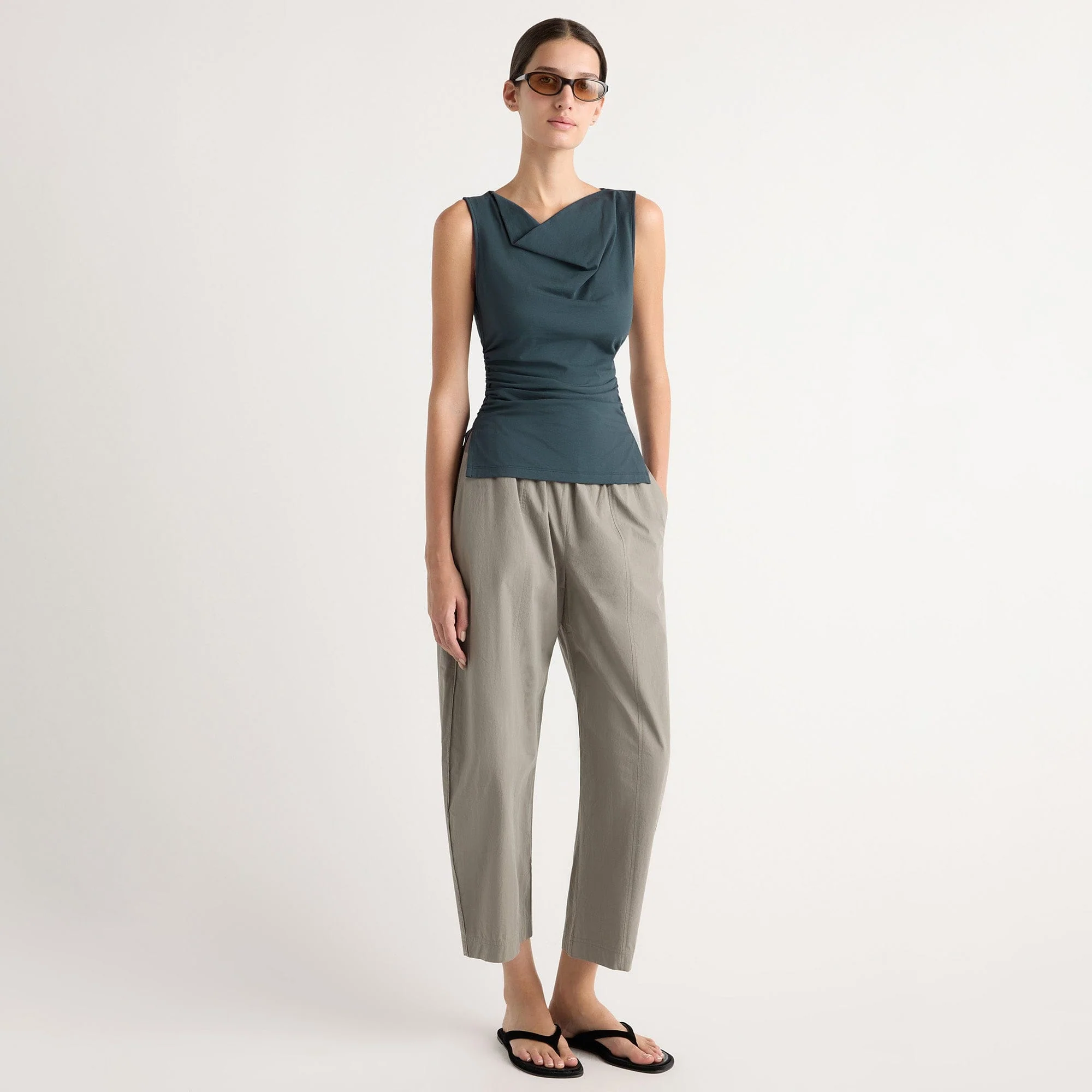 Josie Shirred-Side Cowl-Neck Tee