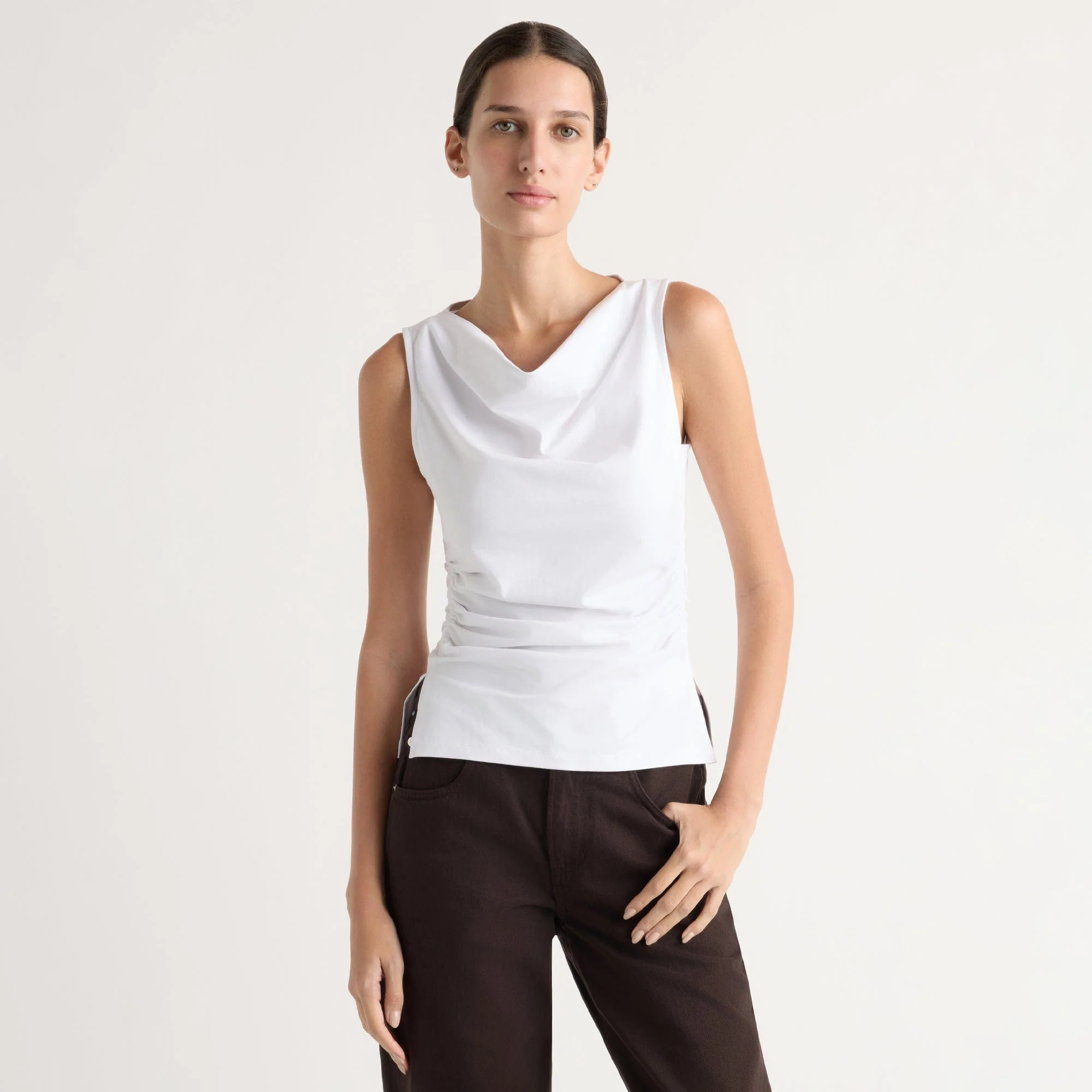 Josie Shirred-Side Cowl-Neck Tee