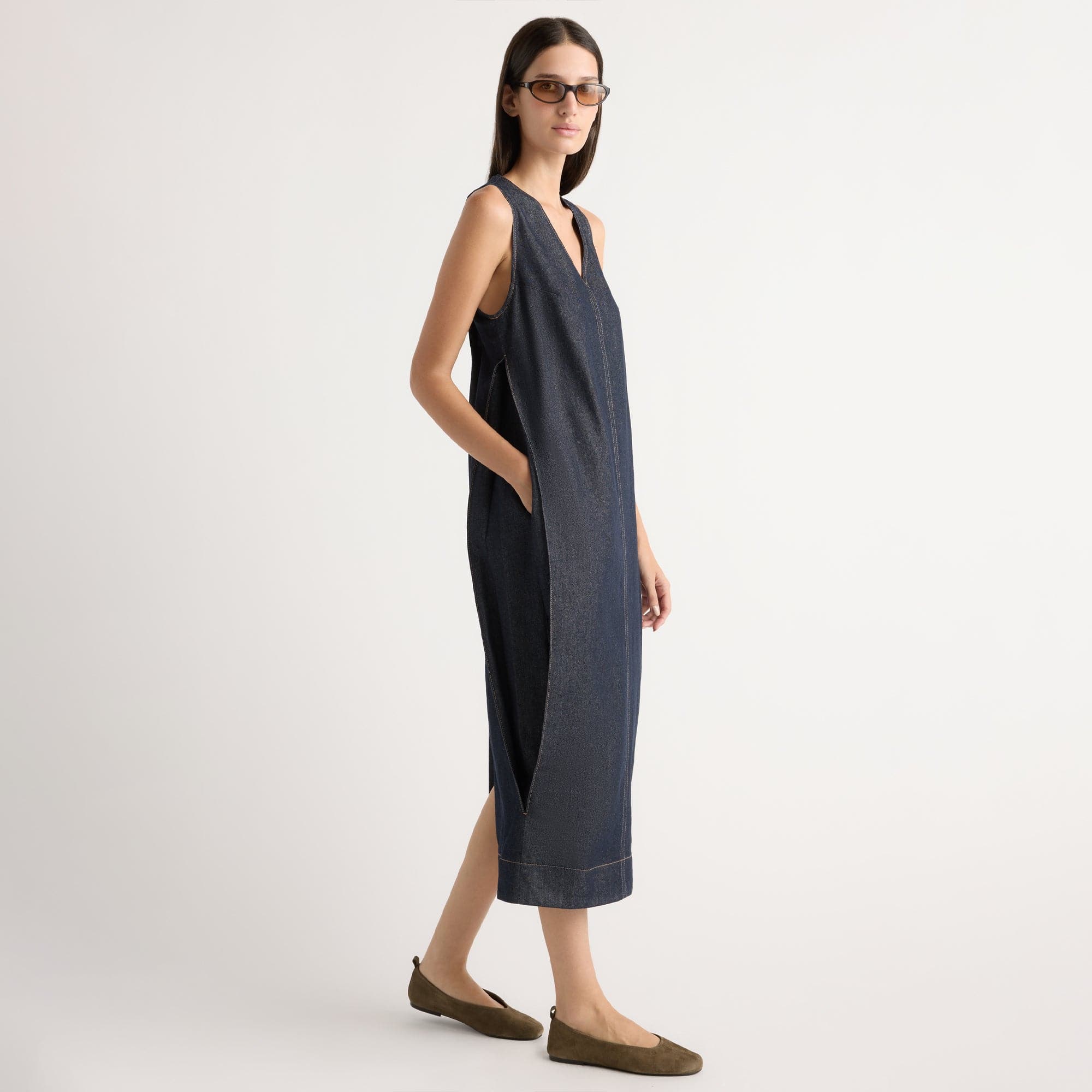 Yusra Side-Pleat Dome Denim Dress