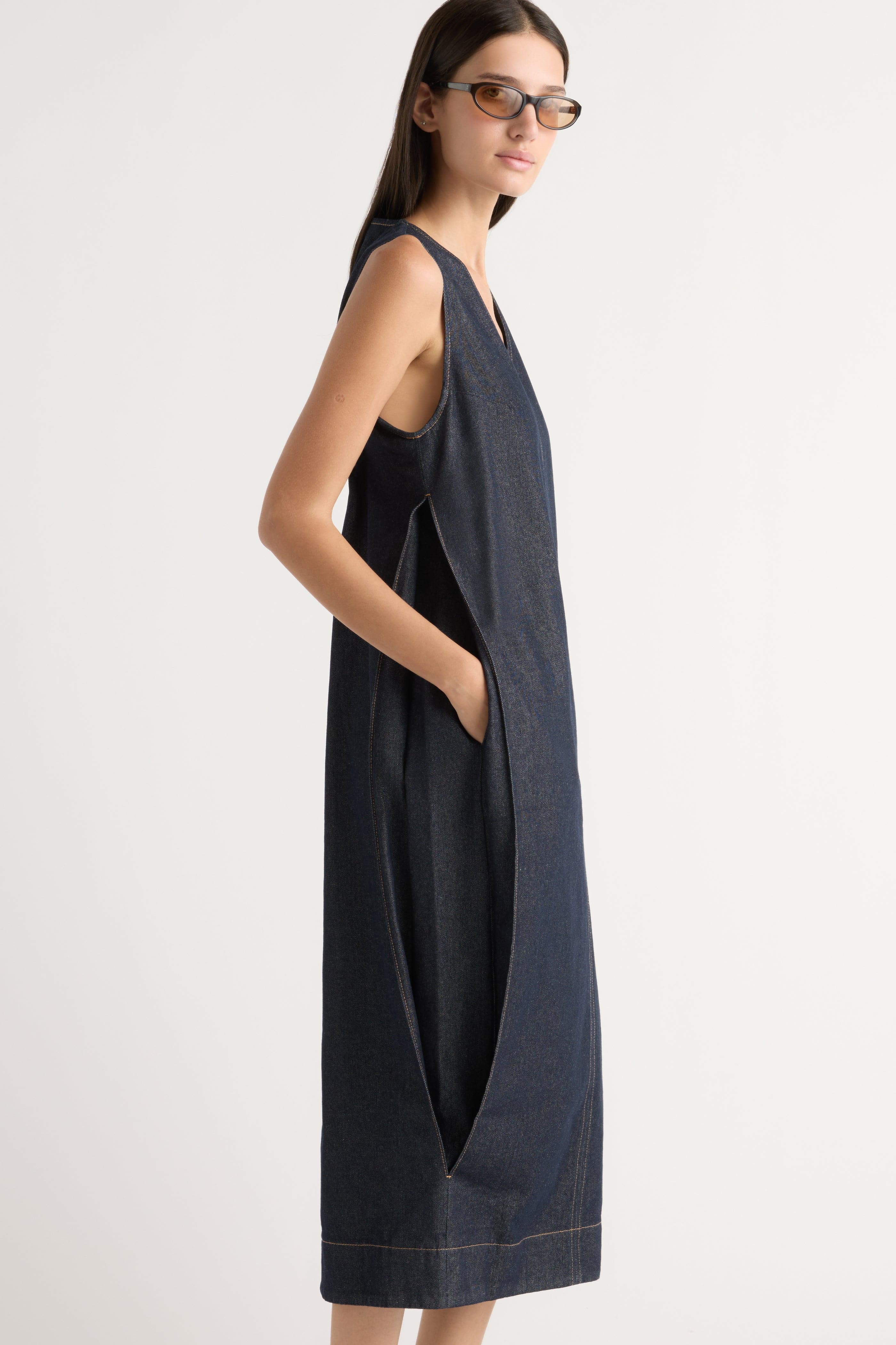 Yusra Side-Pleat Dome Denim Dress - Image 5